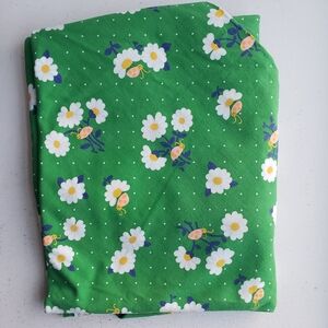 1970s Vintage Cotton Green Ladybug Daisy Flower Power Fabric Tablecloth